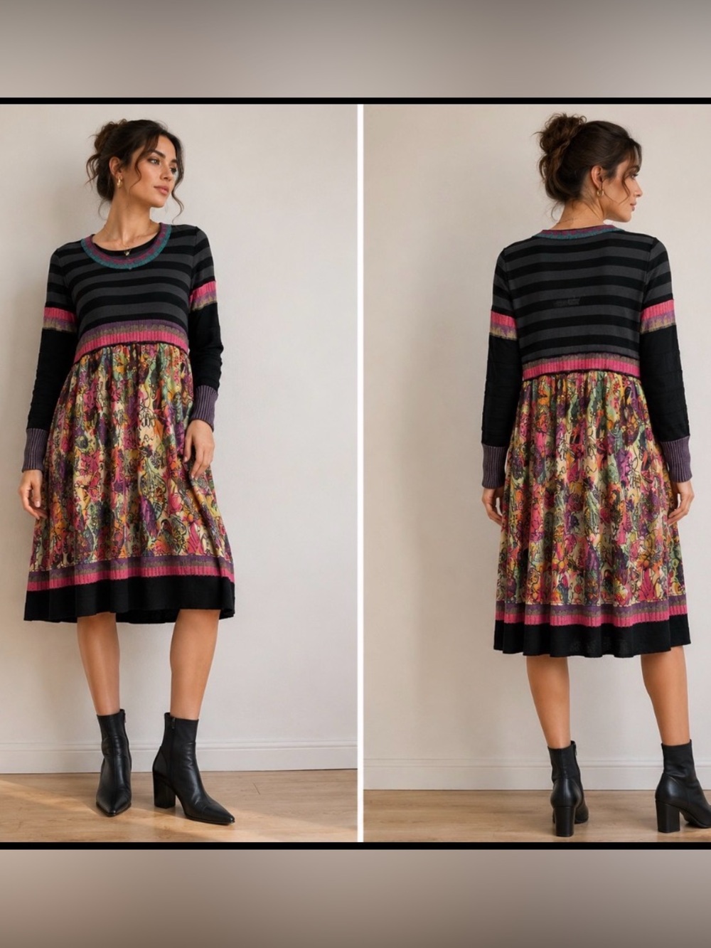 Aldo Martins Black Striped Dress with Pink and Purple Accents